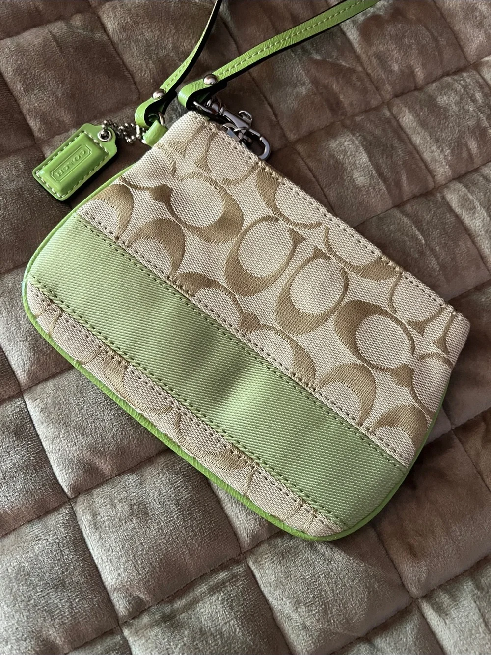 Coach Khaki Jacquard Wristlet with Lime Trim